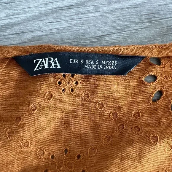 Zara Eyelet‎ Puff Sleeve Wrap Blouse Cinnamon Rust Size Small - Picture 4 of 5